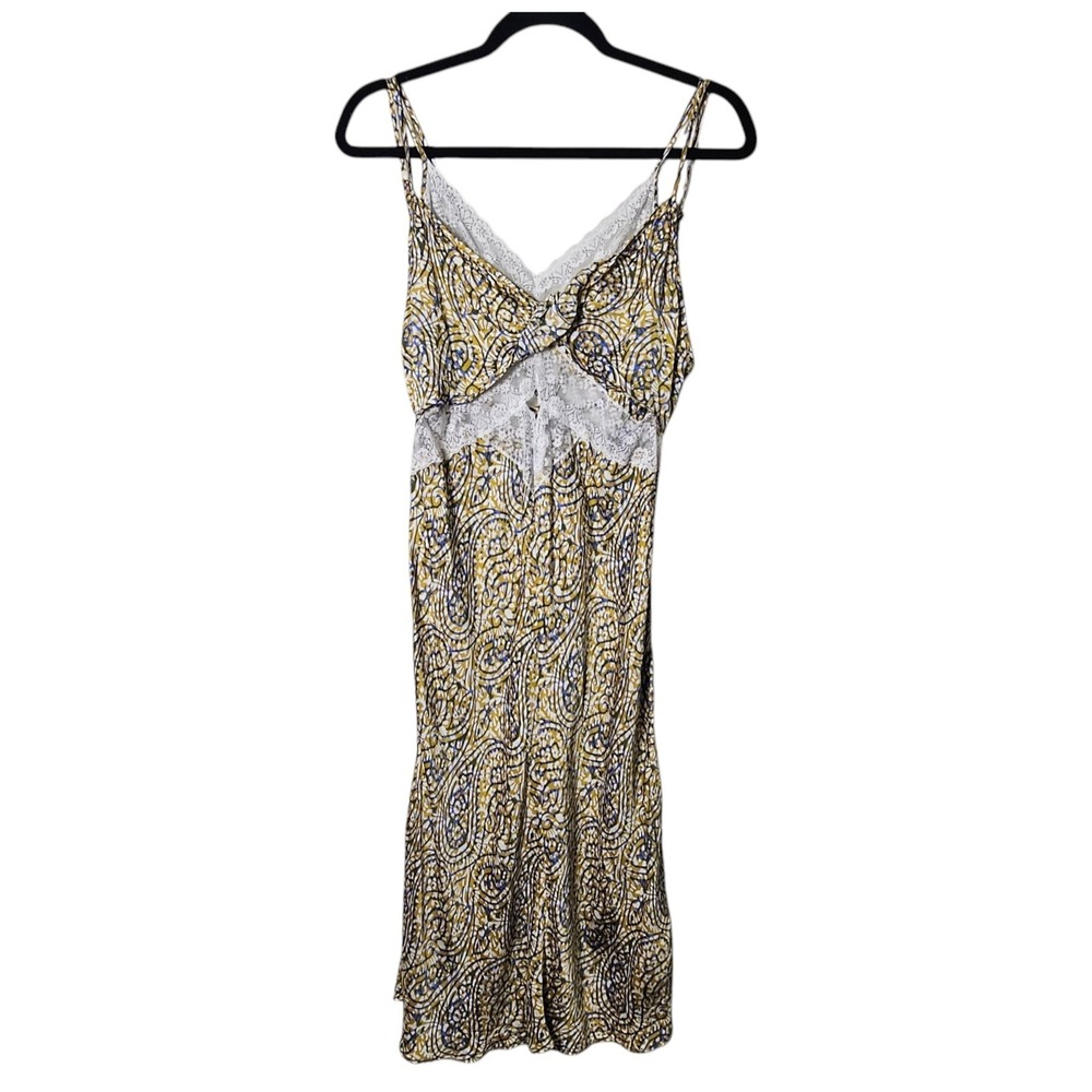 By Anthropologie M Lace‎ Midi Slip Strappy Back Dress Yellow Blue Satin Bias